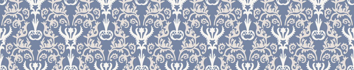 Franse blauwe damast shabby chique bloemen linnen vector textuur grens achtergrond. Vrij bloeien banner naadloze bloempatroon. Hand getekende bloemen interieur home decor lint. Klassieke rustieke boerderij.