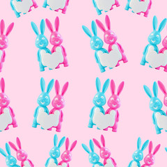 Pink and blue rabbits easter pattern. Cute bunnies set for fabric design, happy lovers couple with heart on pink color background. Creative minimal banner, Valentine's day card,family love concept