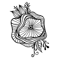 Abstract fantasy flower framed by leaves and buds coloring page. Doodle style elegant floret