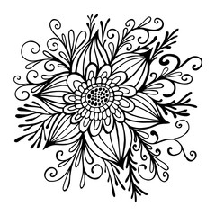 Flower framed by leaves and buds coloring page. Decorative elegant floret