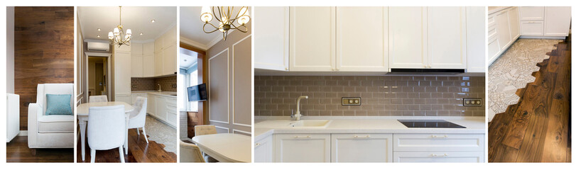 Collage of the interior of the kitchen. White and brown colors - warm color of the room