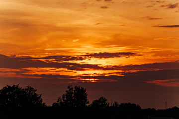 Big Sun on sunset. Nature composition. Orange sunset.