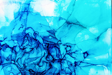 Alkohol Ink Wallpaper Background. Colorful Liquid Painting Texture with Blue Colors. 