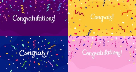 Congratulations confetti banner. Congrats card with color confetti, congratulation lettering banners vector set. Bundle of modern poster or postcard templates for anniversary or birthday celebration. - obrazy, fototapety, plakaty