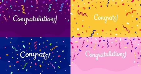 Foto op Aluminium Congratulations confetti banner. Congrats card with color confetti, congratulation lettering banners vector set. Bundle of modern poster or postcard templates for anniversary or birthday celebration. © Tartila