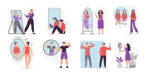 People looking at mirror reflection. Self-assessment and personal appearance vector illustration. Concept of evaluation of attractiveness, body dysmorphic disorder, transsexuality, self-examination.