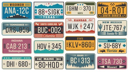 Abstract USA states license plates. Colorful retro car license, number plate templates vector set. Bundle of various vehicle registration signs or automobile identifiers in elegant vintage style. - obrazy, fototapety, plakaty