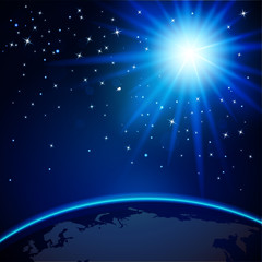 Fototapeta na wymiar Abstract background with sparkling stars, blue sun and view earth from space. Vector illustration.