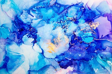 Alkohol Ink Wallpaper Background. Colorful Liquid Painting Texture with Blue Colors. 