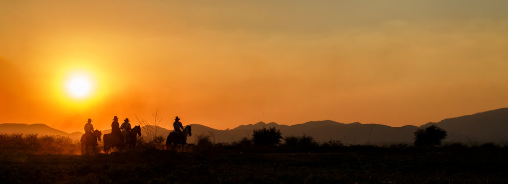 Silhouette cowboy group riding horseback in farm at sunset, landscape panorama, banner