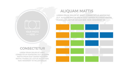 Set of orange and green, blue elements for infographic with world map presentation slides.