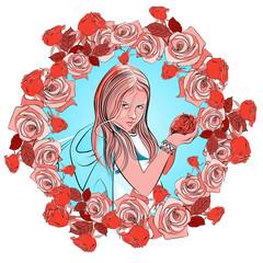 color round composition with portrait of a Beautiful girl with a rose, round flower frame