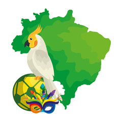 map of brazil with parrot and icons traditionals