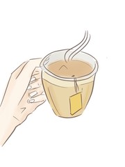 Female hand holding cup or mug with tea. Side view.