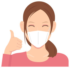 Young woman wearing a mask vector illustration (upper body) / thumb up with smiling 