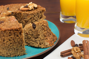 Diet banana cake in a wood breakfats table