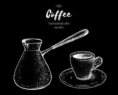 Coffee maker cezve hand drawn sketch. Vintage vector illustration. Make espresso coffee.