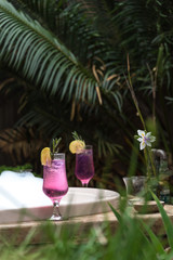 Romantic drink and bath tub in tropical garden