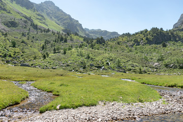 Fototapeta na wymiar Randonée à Rappel concernant les règles de confidentialité de Google Étangs de Fontargente dans les Pyrénées orientales avec pelouse verte, montagne et ciel bleu a l'horizon en été