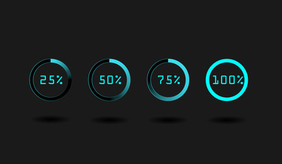 Isolated loading icon set on black background. Preloaders and bright blue round progress bars in percent. Vector illustration.