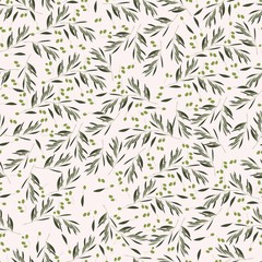 Seamless beige background with olive leaves. Ideal for printing on fabric or paper. 