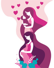 A pregnancy woman dreams of a child. Illustration in delicate colors. Vector illustration in flat style.