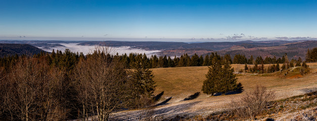 Panoramablick über das Moseltal im Nebel