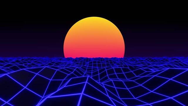 3D wireframe water waves sunset
