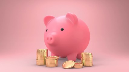 Golden coins falling into a piggy bank. Pink piggy bank Get bigger when receiving coins and Gold coins appears a lot.Money saving concept. 3d animation.