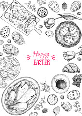 Happy Easter vector illustration. Food hand drawn sketch. Festive table with Easter food. Engraved illustration. Vintage menu set.