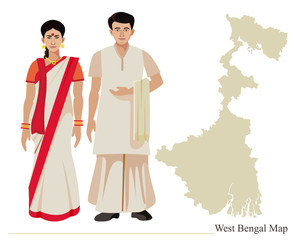 bengali couple in traditional dress with west bengal map vector