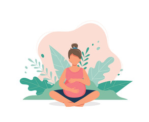 Pregnant woman doing prenatal yoga. Pregnancy health concept. Cute vector illustration in flat style