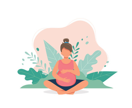 Pregnant woman doing prenatal yoga. Pregnancy health concept. Cute vector illustration in flat style