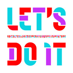 Stencil colorful font, condensed bold bright alphabet, modern geometric modular letters and numbers, book symbols for party or your design, vector illustration