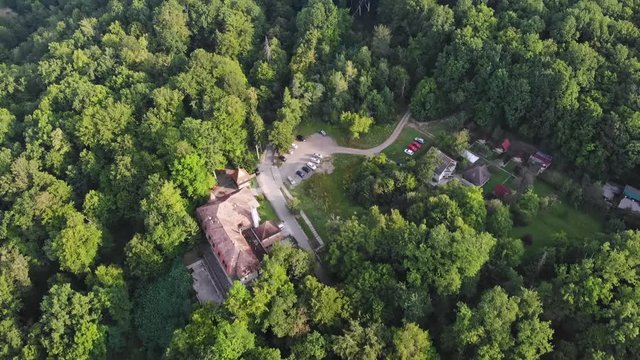 Sovata city, forest and valley from above. Aerial drone shot. Bird view. Panorama