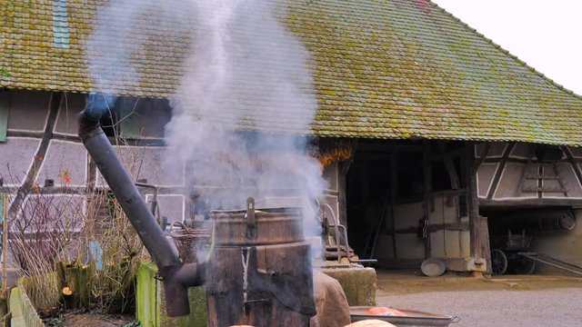 Estufa humeante cocinando calabaza y verdura para animales de una granja