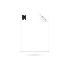 Realistic blank paper sheet with shadow in A4 format on transparent background. Notebook or book page with curled corner. Vector illustration.