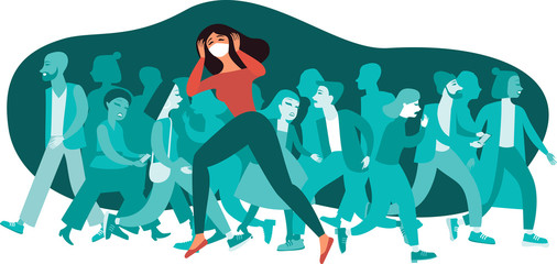 Woman wearing protective medical mask  Crowd of people on background COVID-19 outbreak concept