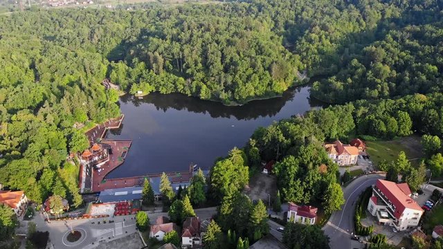 Sovata city, forest and valley from above. Aerial drone shot. Bird view. Panorama