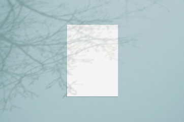 Blank white vertical paper sheet 5x7 inches with tree shadow overlay. Modern and stylish greeting card or wedding invitation mock up.