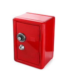 Closed red steel safe isolated on white