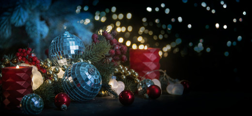 Fototapeta na wymiar Merry Christmas and Happy New Year, Holidays greeting card with blurred bokeh background