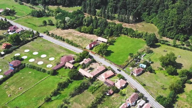 Sovata city, forest and valley from above. Aerial drone shot. Bird view. Panorama