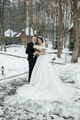 Stylish elegant bride and groom outdoors in winter. Groom and Bride in a park. wedding dress. Bridal wedding bouquet of flowers. Wedding couple. Marriage. Married couple in love.