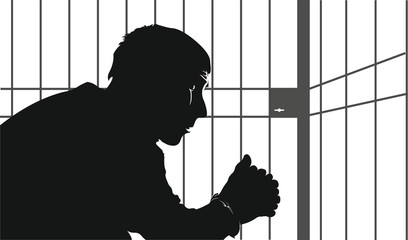 Vector image of a silhouette of a man behind bars.