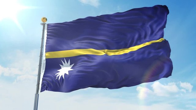 Nauru flag waving in the wind against deep blue sky. National theme, international concept. 3D Render Seamless Loop 4K