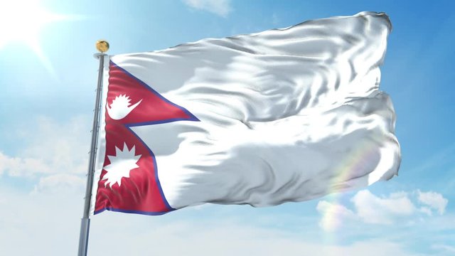 Nepal flag waving in the wind against deep blue sky. National theme, international concept. 3D Render Seamless Loop 4K