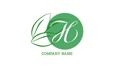 Vector logo with green leaves. Handwritten monogram with initial letter H and elegant logo, wedding, fashion, business design.
