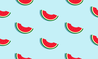 Seamless blue background with watermelon slices with shadow. Vector illustration design for greeting card or template.