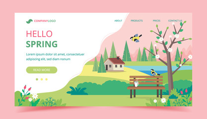 Hello spring landing page design template. Landscape with bench, houses, fields and nature. Cute vector illustration in flat style